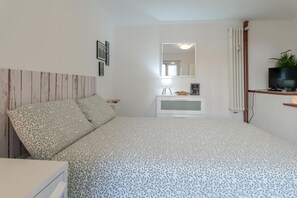 A bedroom with a bed, a bedside table, a mirror, a TV, and a radiator. - [monolocale, Wifi] Casa Amely (Torino)