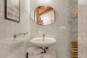 Shower, hair dryer, towels, toilet paper
