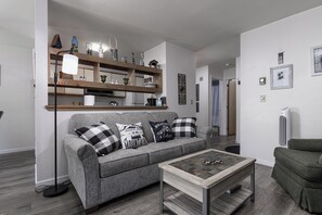 Smart TV, fireplace, books