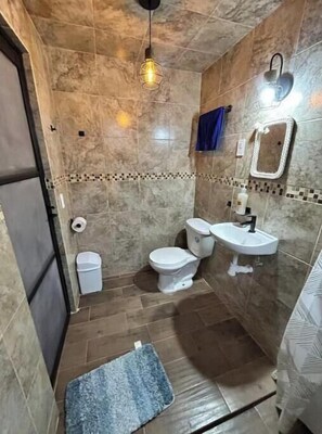 A bathroom with a toilet, sink, and a shower area.