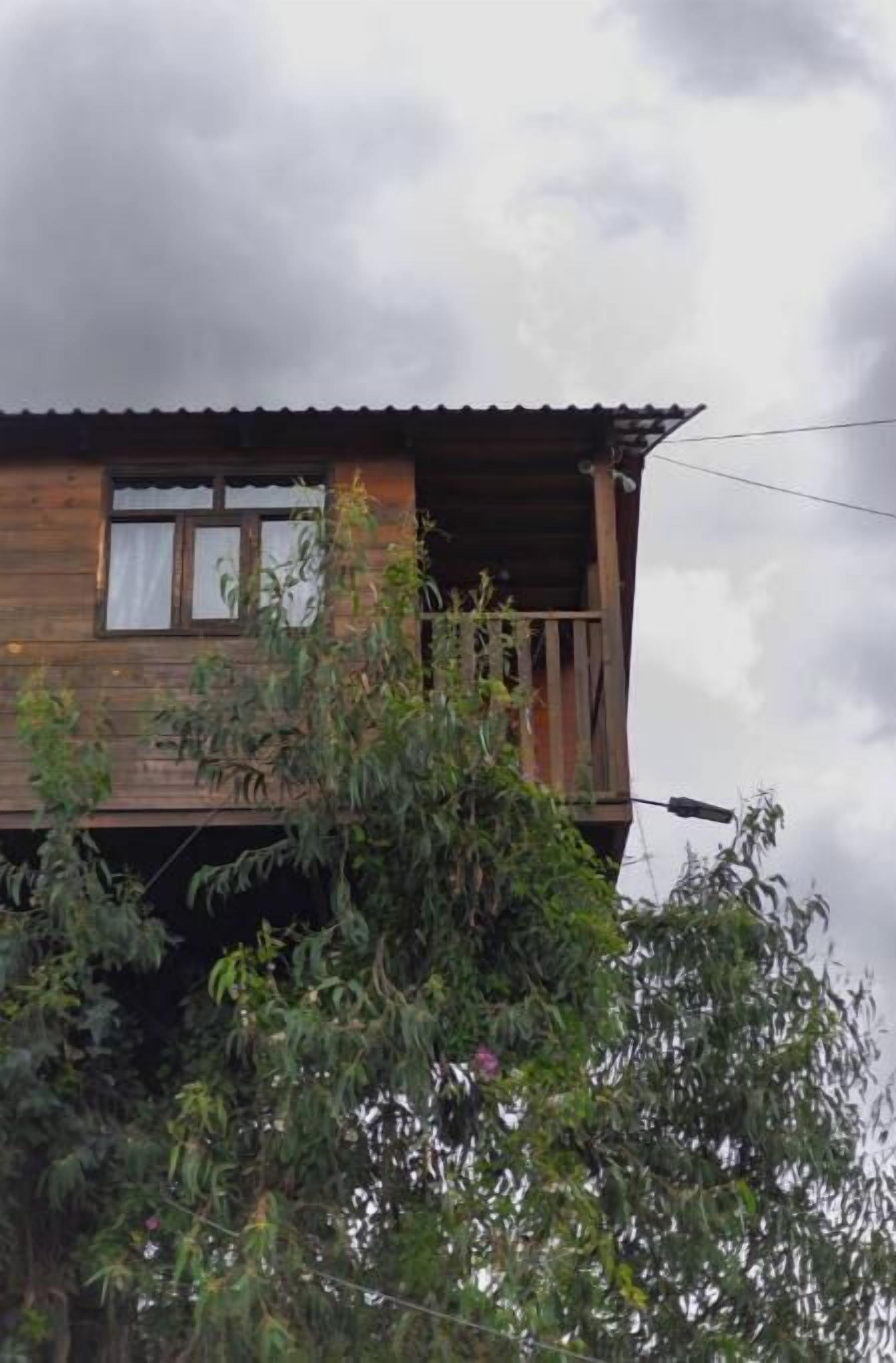 Eine Holzhütte mit Balkon, umgeben von Bäumen.