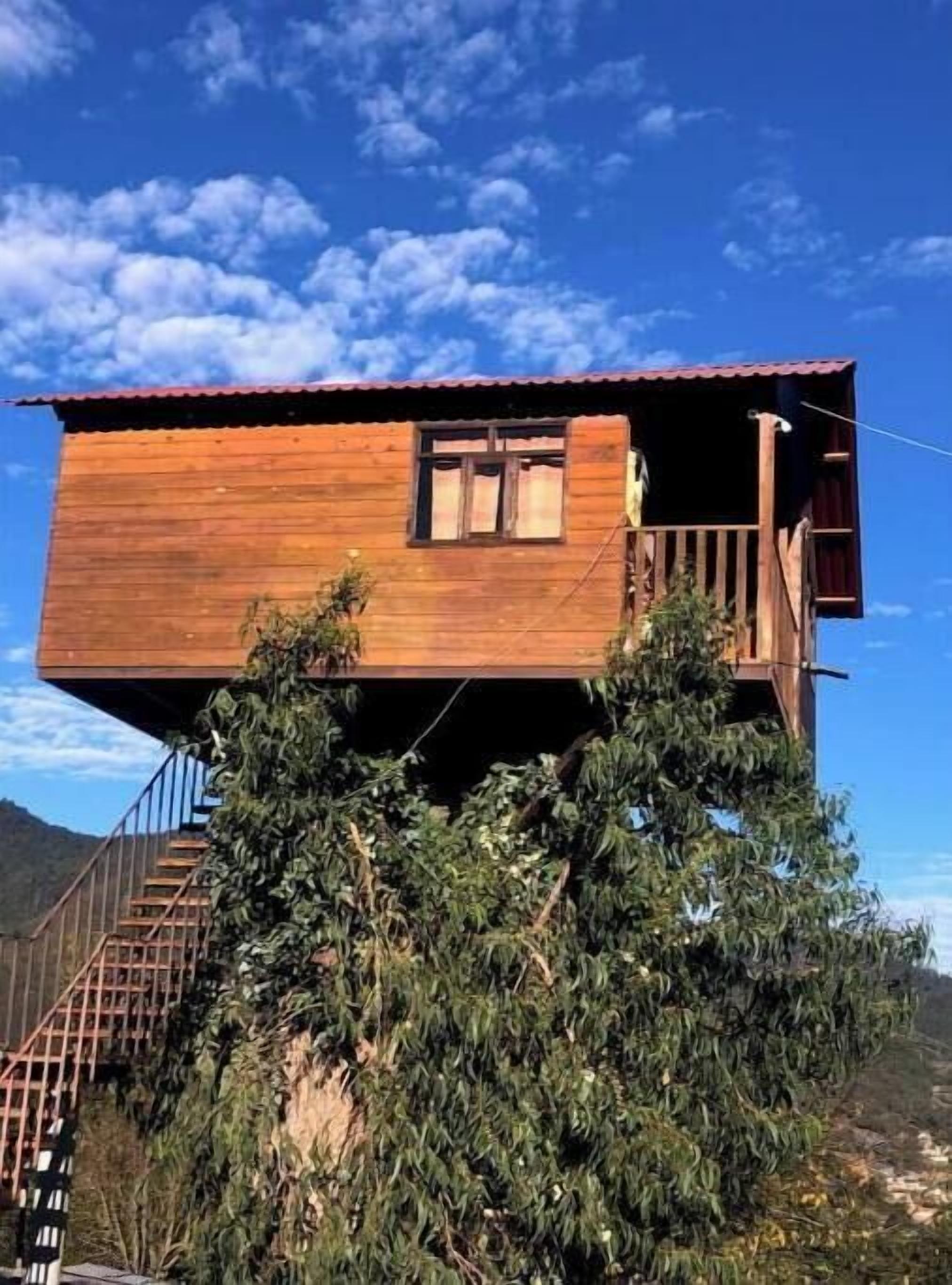 Una baita di legno con un balcone, immersa nel verde.