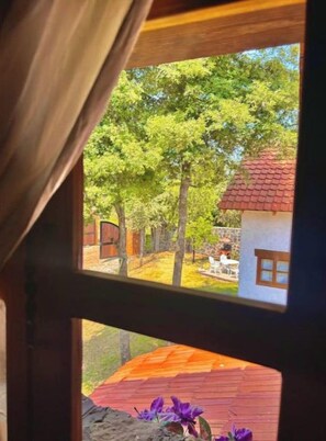 Blick durch ein Fenster mit Holzrahmen, das ein Gebäude mit rotem Dach und einen von Bäumen gesäumten Garten zeigt.