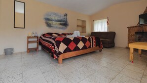 Ein Schlafzimmer mit Bett, Sofa, Fernseher, Kamin und einem Bild an der Wand.