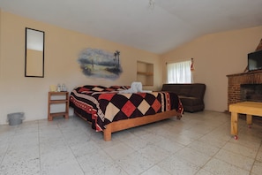 Quarto com cama, sofá, televisão, lareira e um quadro na parede.