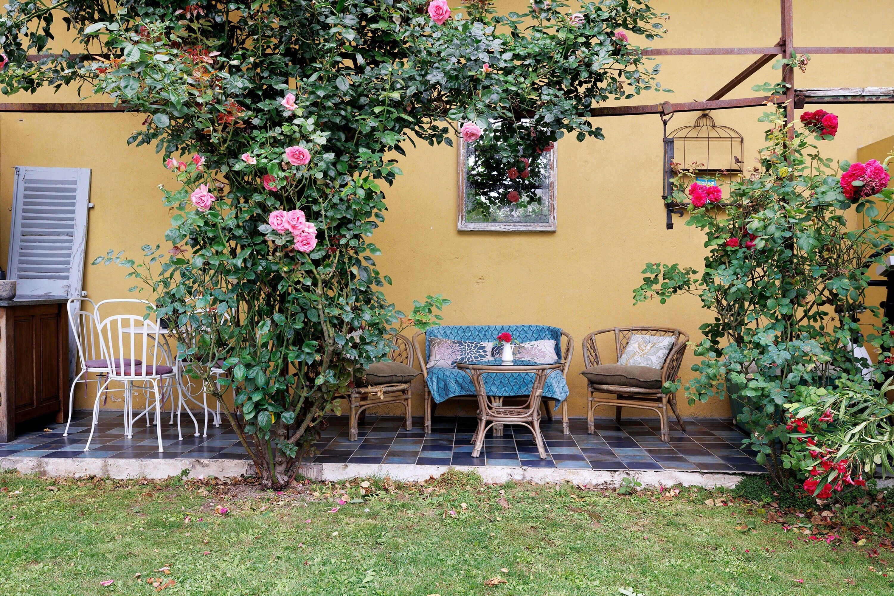 A patio with a table and chairs, a small window with a flower, and a yellow wall.