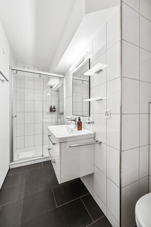 A modern bathroom with a glass shower enclosure, a white sink with a mirror, and a black tiled floor. - Modern 2 BDR-flat  top location (Kriens)