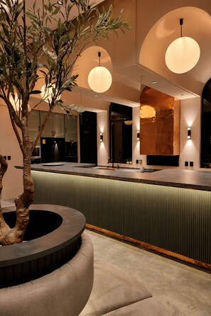 A modern kitchen with a central island, recessed lighting, and a large tree planter.