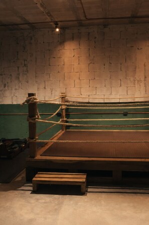 A boxing ring with ropes and a wooden post, set against a brick wall with a green lower section.