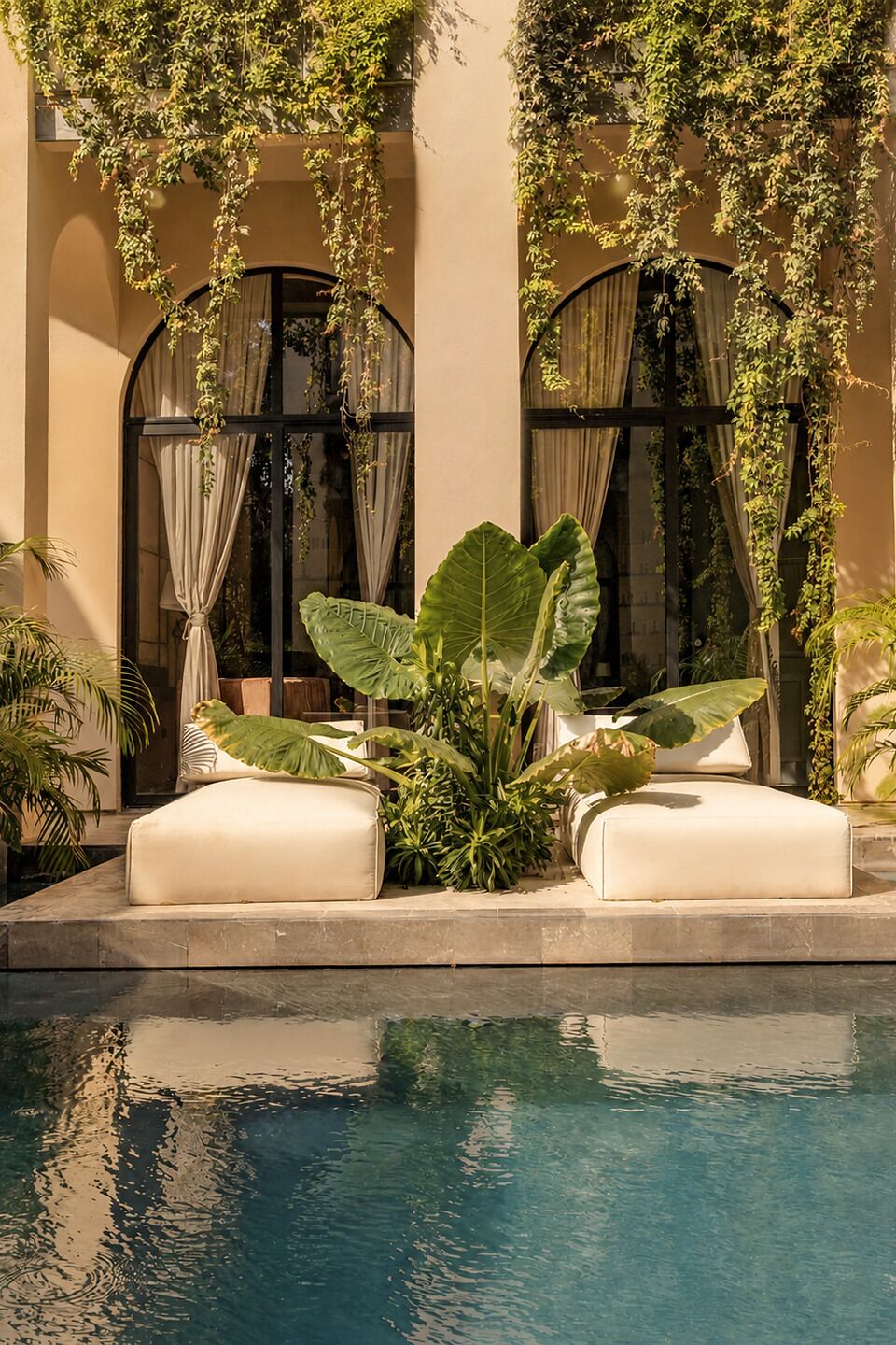 A poolside area with a lounge chair, a large plant, and a building with arched windows.