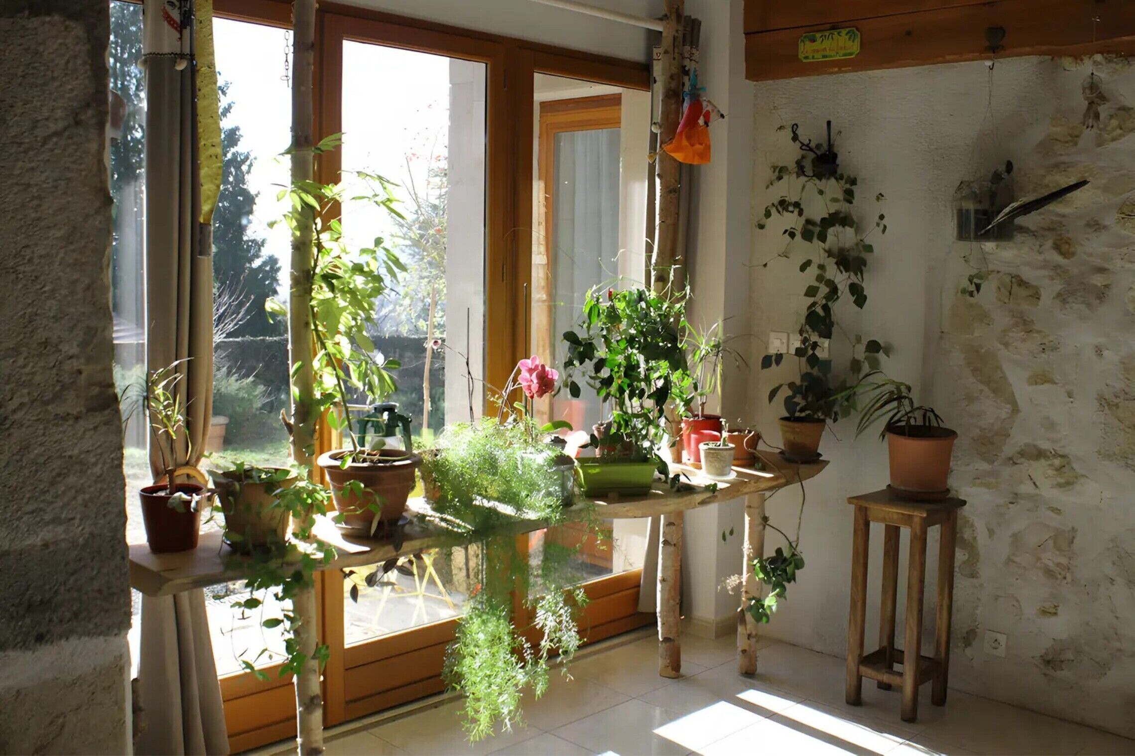 Une pièce dotée d’une grande fenêtre, d’une table en bois ornée de plantes en pot et d’un mur en pierre.