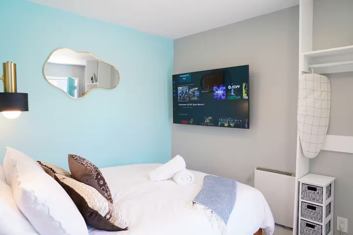 Iron/ironing board, travel crib, free WiFi, bed sheets