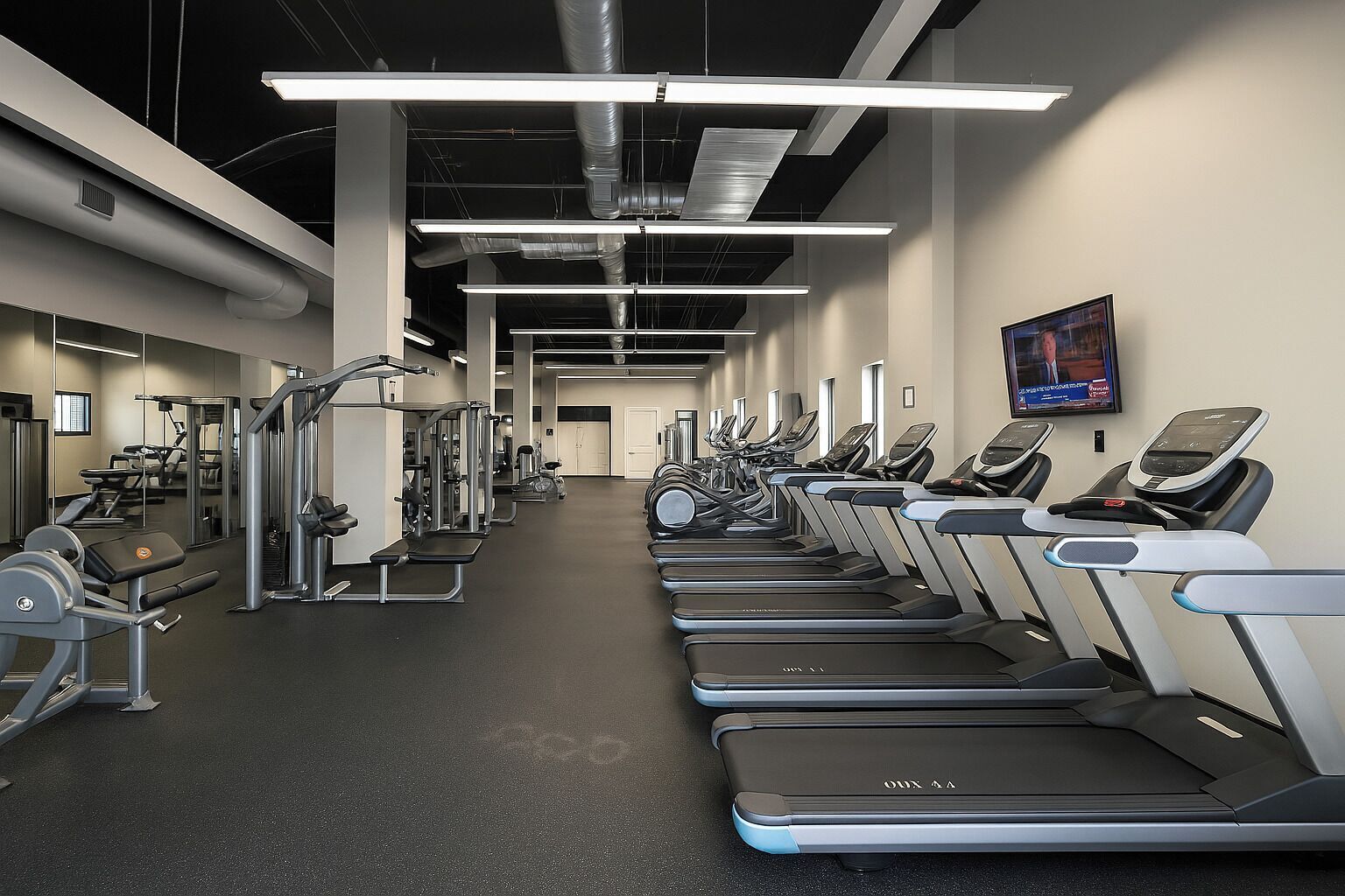A gym with treadmills, weight machines, and a TV on the wall.