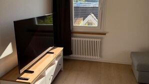 A room with a TV on a wooden stand, a window with a view of buildings and hills, a radiator, and a grey sofa.