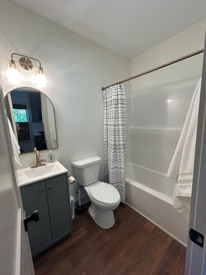 Un baño con inodoro, lavamanos y ducha.