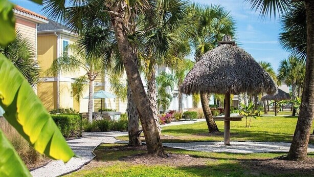 Een resort met palmbomen, een rieten parasol en een pad.
