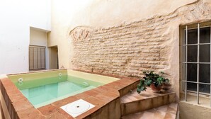 A spa area with a hot tub, stone wall, and a potted plant.
