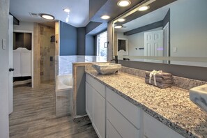 Hair dryer, towels, soap, shampoo