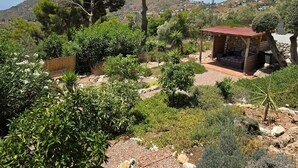 Un jardin agrémenté d’une pergola en bois, de divers arbustes et d’une structure en pierre.