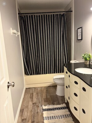 Hair dryer, towels, soap, toilet paper