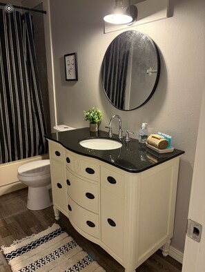 Hair dryer, towels, soap, toilet paper