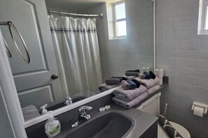 Hair dryer, towels, soap, toilet paper