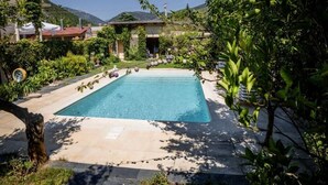 Una piscina rettangolare circondata da un solarium in pietra, con vegetazione rigogliosa e montagne sullo sfondo.