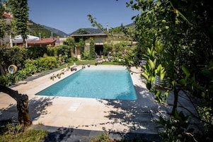 Una piscina rectangular rodeada por un solárium de piedra, con exuberante vegetación y montañas al fondo.
