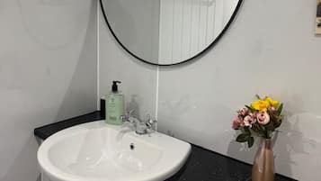 Secador de cabelo, toalhas de banho, sabonete, papel higiênico