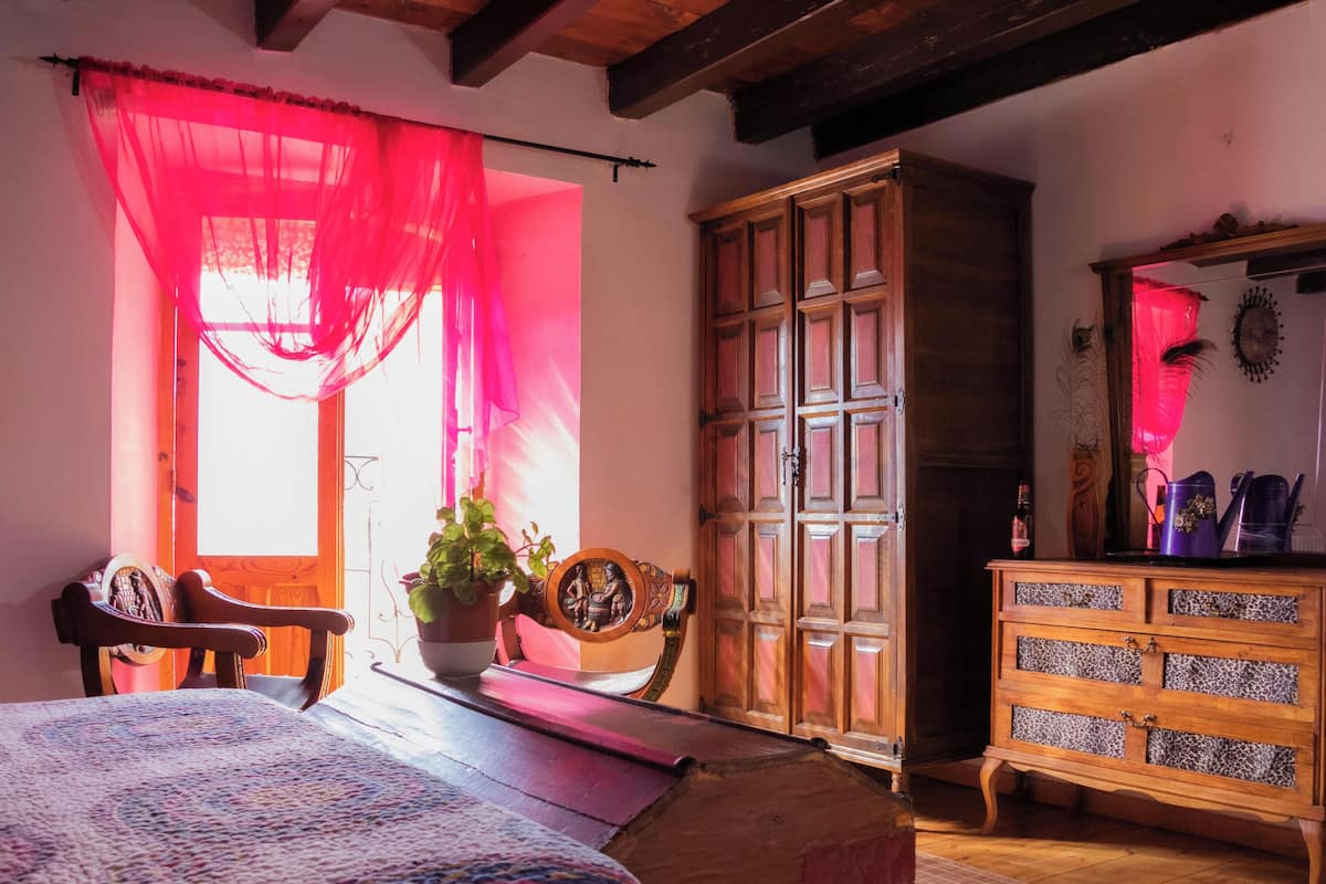 A bedroom with a bed, a wooden cabinet, a chair, and a table with a plant.