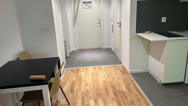 A narrow hallway with a wooden floor leading to a door, a small kitchen area with a counter and cabinets, and a dining table with chairs.