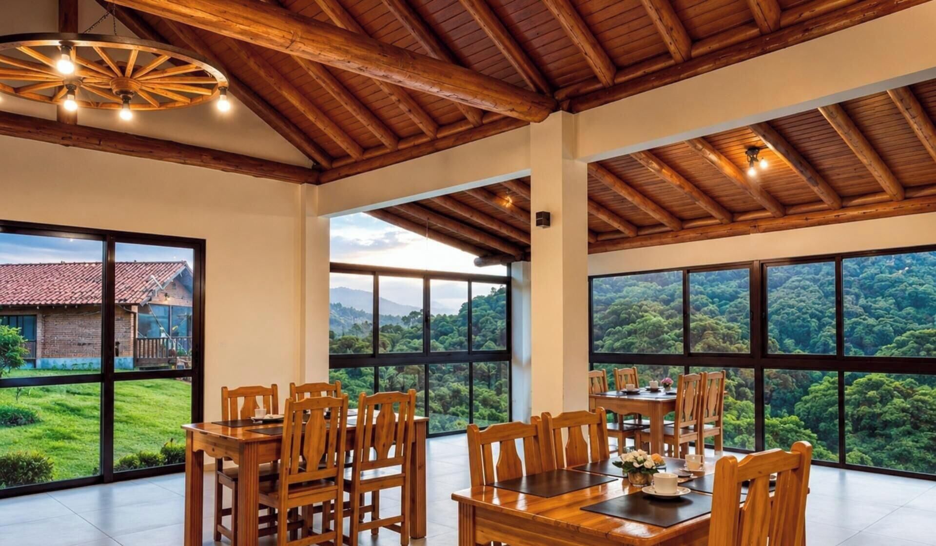 A spacious dining area with wooden furniture and large windows offering a view of a lush landscape.