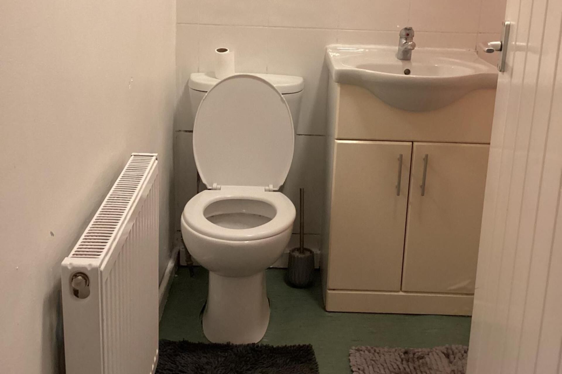 Un baño pequeño con inodoro, lavamanos y radiador.