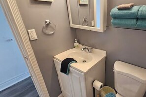 Hair dryer, towels, soap, toilet paper