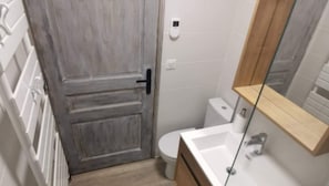 Shower, hair dryer, towels, toilet paper