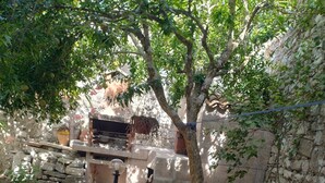 Un espace jardin agrémenté d’un muret en pierre, de plantes en pot et d’un chemin dallé.