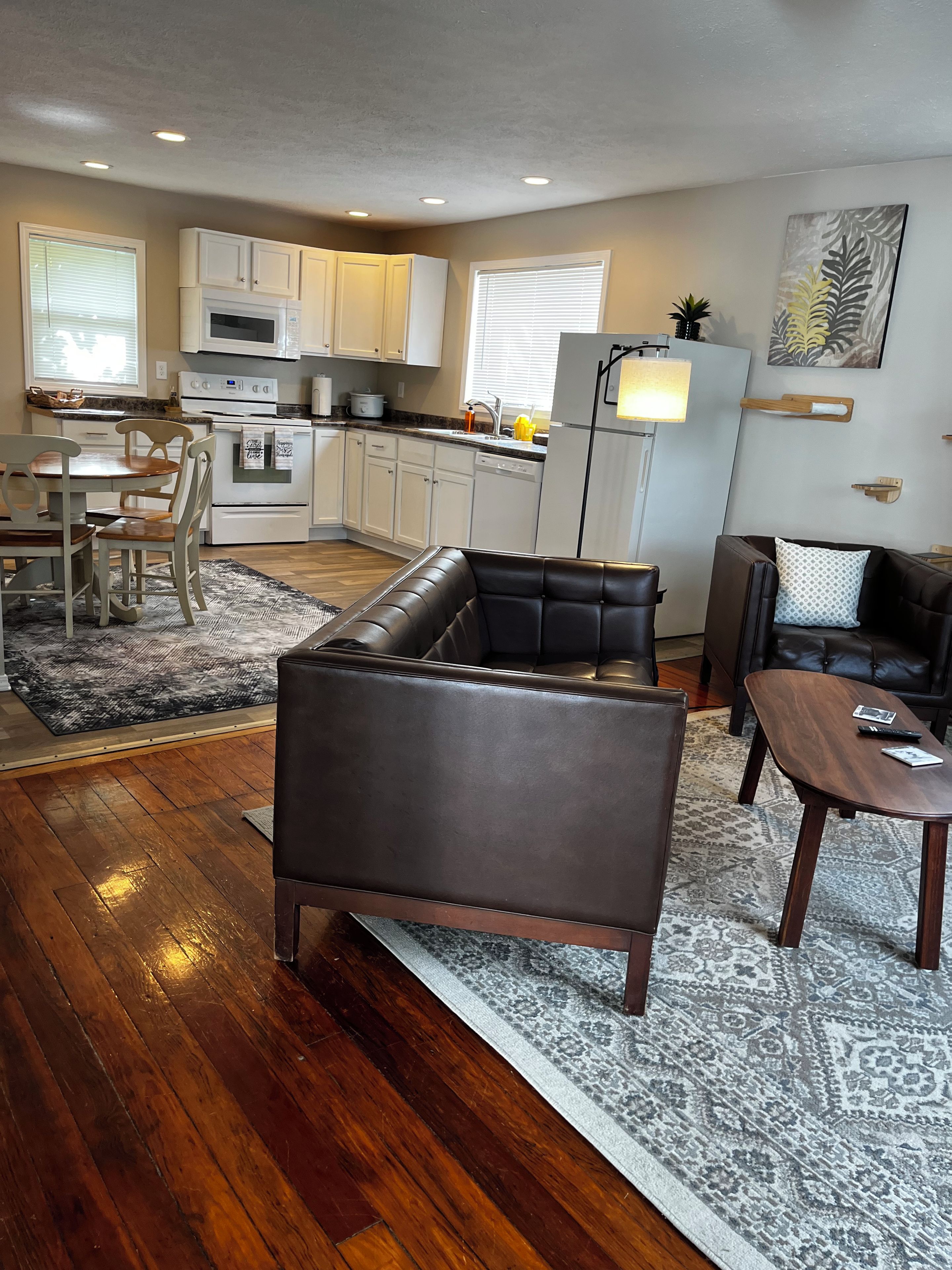 A modern living room with a leather sofa, a dining area with a wooden table and chairs, and a kitchen with white cabinets and appliances.