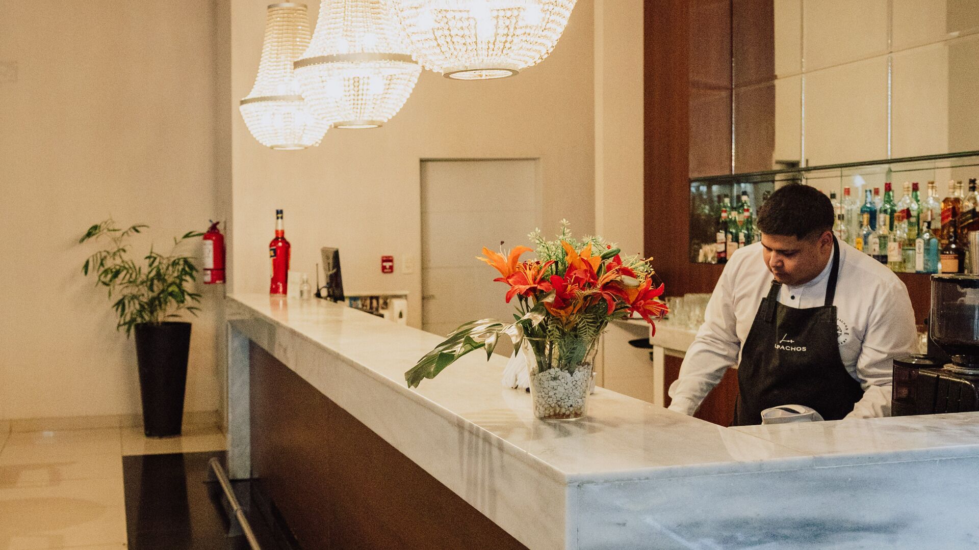 Een hotel receptie met een marmeren balie, een potplant, een bloemenvaas en een bar op de achtergrond.