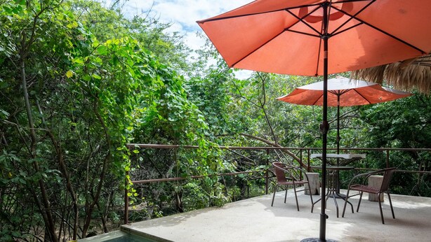 An outdoor patio with a pool, surrounded by lush greenery and furnished with tables and chairs. - Xolo. Loft junto al mar Adultos . Starlink. A/Ac. (Santa María Colotepec)