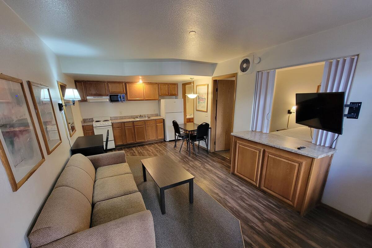 A compact living space with a kitchenette, a sofa, a dining table, and a TV.