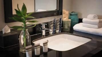 Hair dryer, slippers, towels, soap