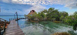 A wooden pier leading to a thatched-roof structure surrounded by mangrove vegetation. - Kuuch Kaanil Villas Eco-romanticas  (Bacalar)