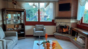 Un salon avec une cheminée, un canapé, une table basse agrémentée de plantes décoratives et un téléviseur fixé au mur.