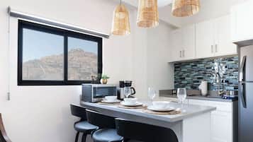 Fridge, microwave, stovetop, toaster