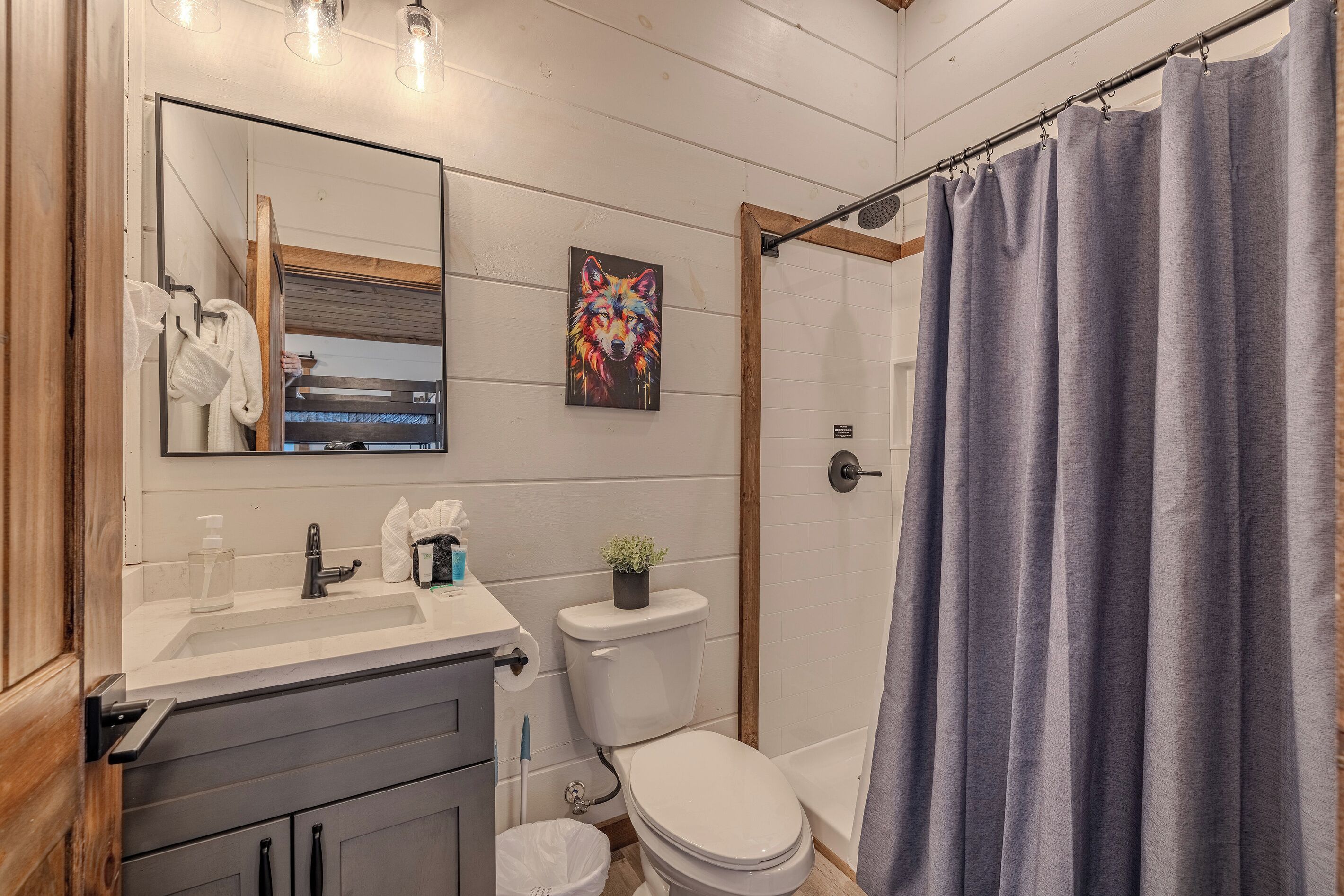A bathroom with a wooden vanity, a toilet, a shower curtain, and a mirror.