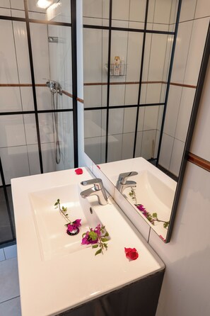 Shower, eco-friendly toiletries, hair dryer, towels