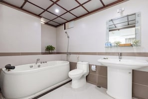 Hair dryer, slippers, towels, soap