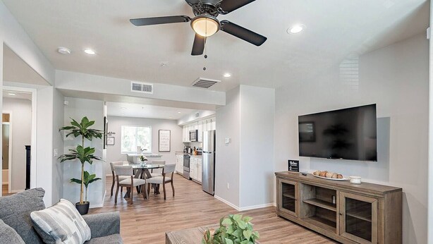 A modern living room with a gray sofa, a wooden coffee table, a TV on a wooden cabinet, and a ceiling fan.