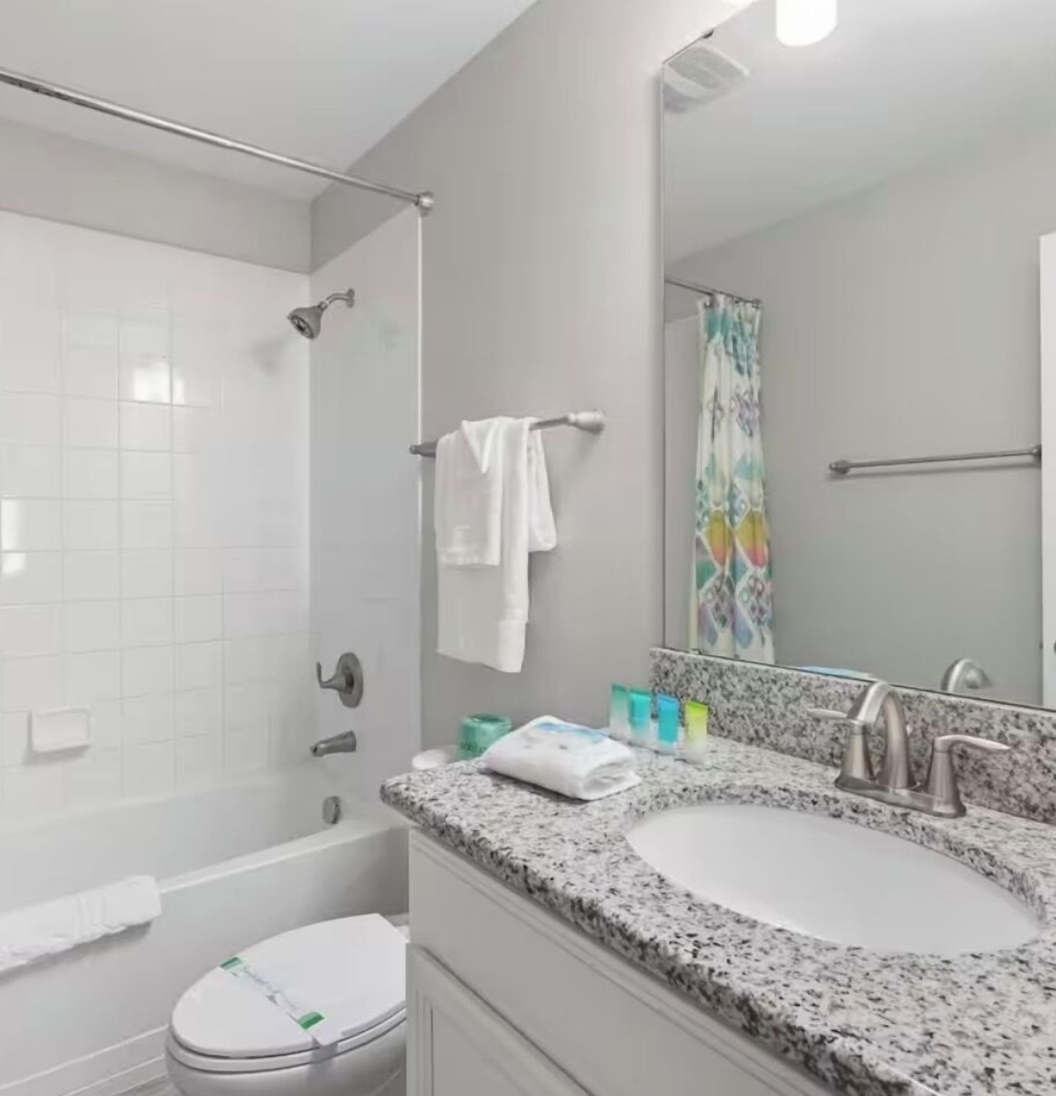 A bathroom with a white toilet, a shower with a glass door, a sink with a granite countertop, and a mirror above the sink.