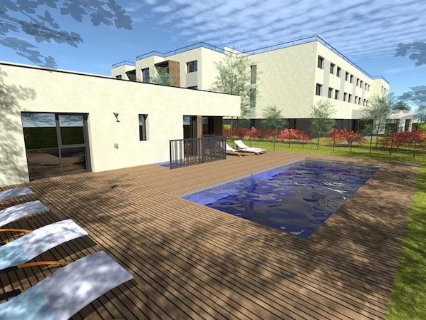 Seasonal outdoor pool, open 10:00 AM to 10:00 PM, sun loungers